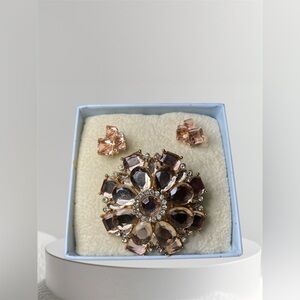 Elegant Gold and Pink Floral Brooch and Earring Set